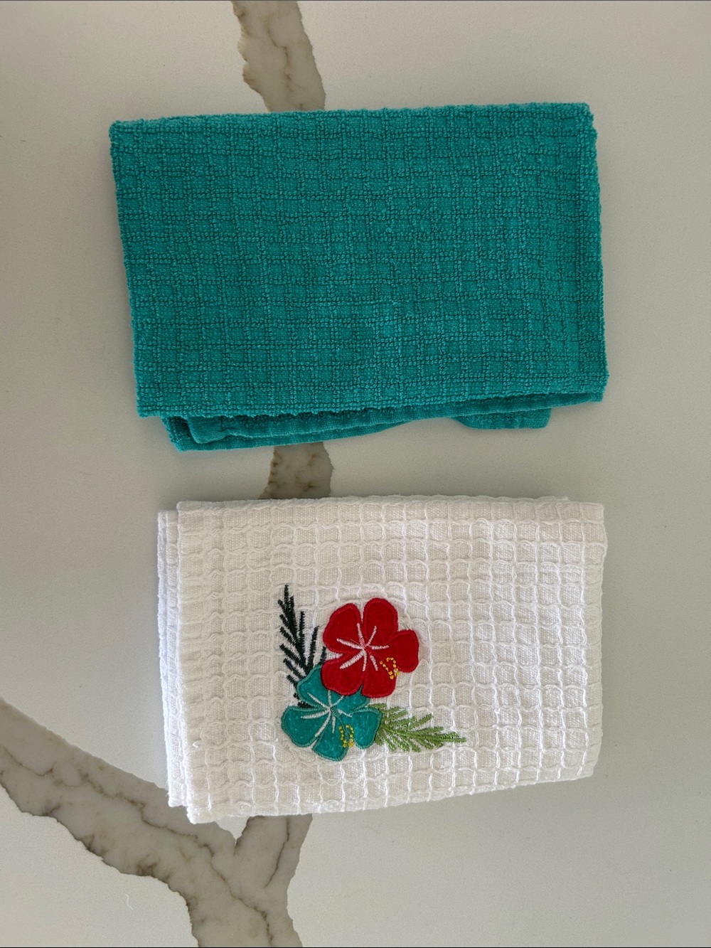 Embroidered White Waffle Kitchen Towel with Floral Accent